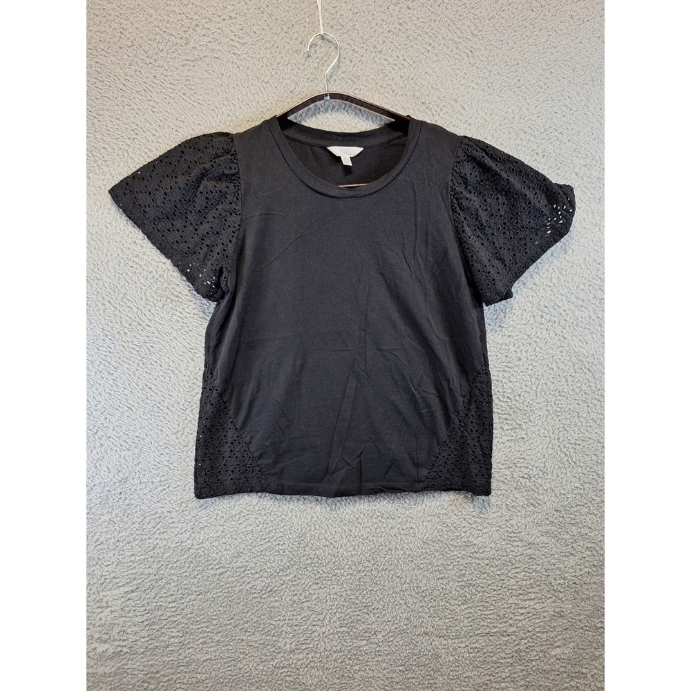 Time and Tru Top Womens M Black‎ Eyelet Flutter Sleeve Crew Neck Cotton Tee Boho